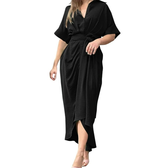 Ruyang Summer Dresses for Women Women Elegant Floral Print High Waist Stand Collar Short Sleeve Shirt Dress Long Dresses for Women Casual