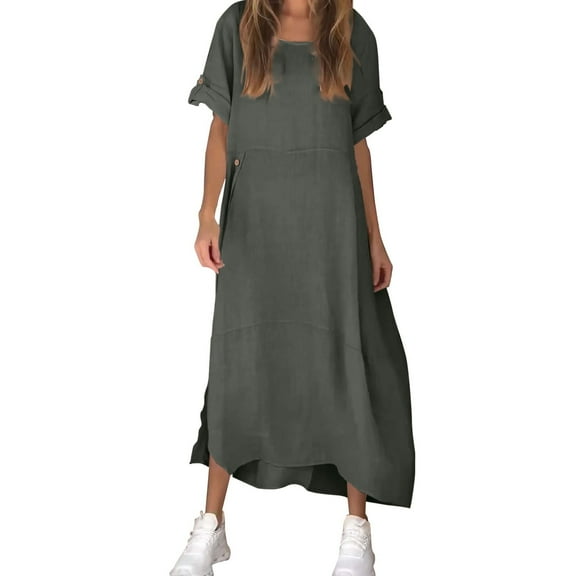 Ruyang Summer Dresses for Women Women's Loose Casual Solid Color Short Sleeved Cotton Linen Dress Short Dresses