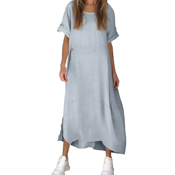 Ruyang Summer Dresses for Women Women's Loose Casual Solid Color Short Sleeved Cotton Linen Dress Short Dresses