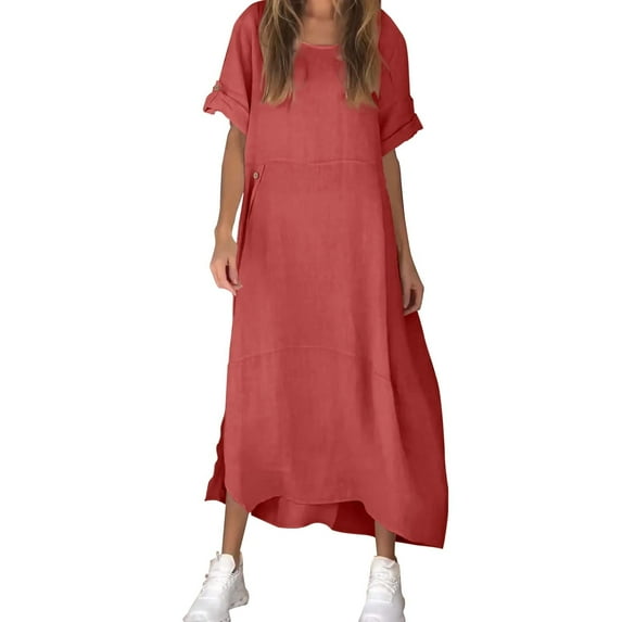 Ruyang Summer Dresses for Women Women's Loose Casual Solid Color Short Sleeved Cotton Linen Dress Short Dresses