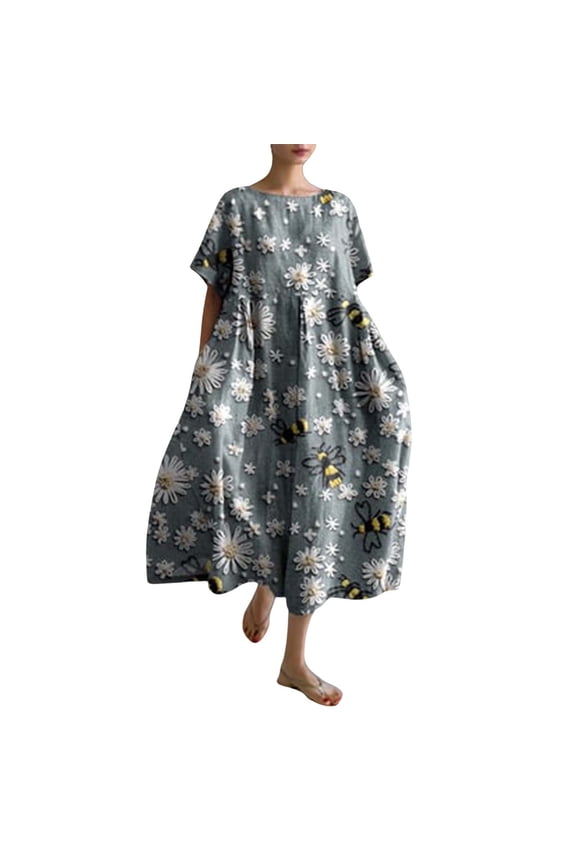 Summer Dresses for Women Women's Retro Botanical Floral Design Printed Casual Loose Dress With Pocket Sundress Short