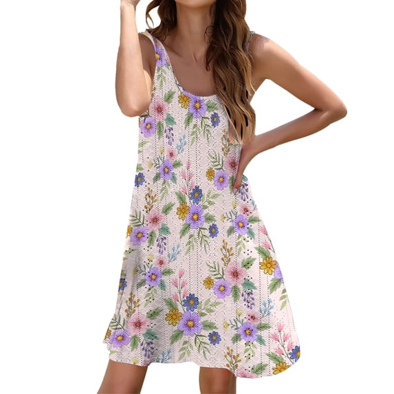 Ruyang Summer Dresses for Women Women's Summer Eyelet Casual T Shirt Dresses Beach Cover Up Tank Dresses Boho Floral Dresses