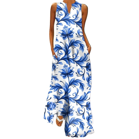 Ruyang Summer Flower Print Dresses for Women Women Casual V Neck Dress Sleeveless Maxi Dress Vintage Boho Beach Sundress With Pockets