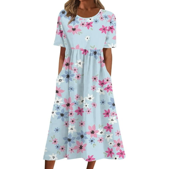 Ruyang Summer Maxi Dress Women's Short Sleeve A-Line Midi Dresses Casual Floral T-Shirt Dress Flowy Beach Sundress with Pockets