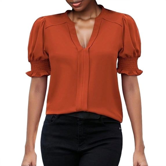 Ruyang Summer Shirts for Women Women's New Summer V Neck Puff Sleeve Solid Color Shirt Tops Women Top Long