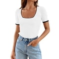 thumbnail image 1 of Ruyang Summer Tops for Women, Women's Short Sleeve Square Neck Color Block T Shirt 2024 Summer Slim Fit Ribbed Knit Basic Tee Tops, 1 of 8
