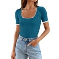 thumbnail image 1 of Ruyang Summer Tops for Women, Women's Short Sleeve Square Neck Color Block T Shirt 2024 Summer Slim Fit Ribbed Knit Basic Tee Tops, 1 of 8