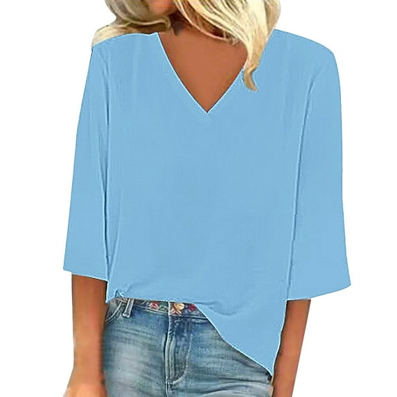 Ruyang Summer Tops for Women Women's Solid Color Fashion Casual V Neck Three Quarter Sleeve Tops Woman Lose Shirt