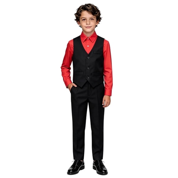 Ruyang Teen Boys Formal Suit V-Neck Vest Long Sleeve Shirt Dress Pants Sets Kids Slim Fit Suit for Wedding Graduation Dress Up