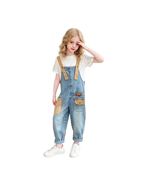 Teen Denim Overalls Leather Patch Color Blocking Jeans Jumpsuit Kids Casual Bib Overalls Loose Fit Sleeveless Wide Leg Jumpsuit