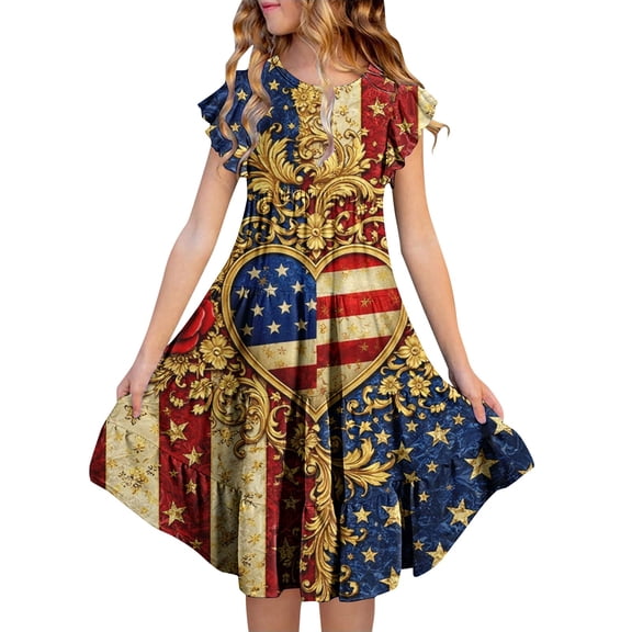 Ruyang Teen Girls 4th of July Dresses American Flag Print Ruffle Sleeve Dresses Summer Patriotic A-line Swing Dresses