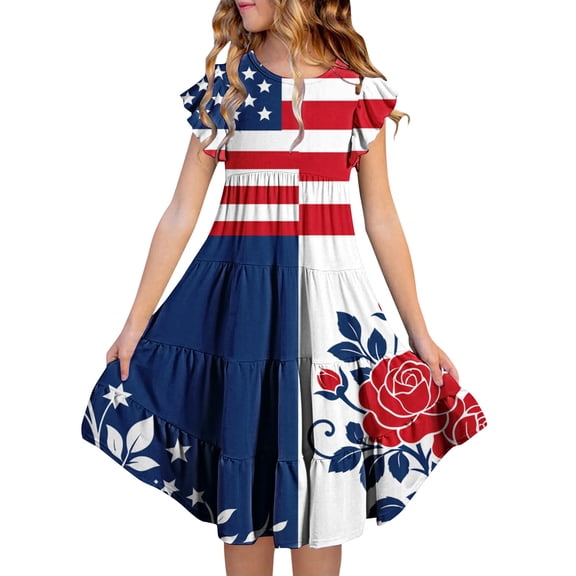 Ruyang Teen Girls 4th of July Dresses American Flag Print Ruffle Sleeve Dresses Summer Patriotic A-line Swing Dresses