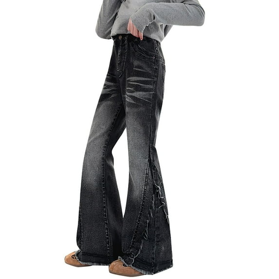 Ruyang Teen Girls Bell Bottom Ripped Jeans Retro High Waist Flare Denim Pants Kids Fall Fashion Straight Long Trousers Pockets