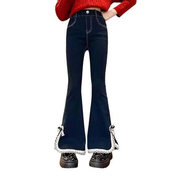 Ruyang Teen Girls Bell Bottom Ripped Jeans Retro High Waist Flare Denim Pants Kids Fall Fashion Straight Long Trousers Pockets