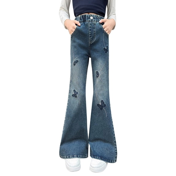 Ruyang Teen Girls Bell Bottom Ripped Jeans Retro High Waist Flare Denim Pants Kids Fall Fashion Straight Long Trousers Pockets