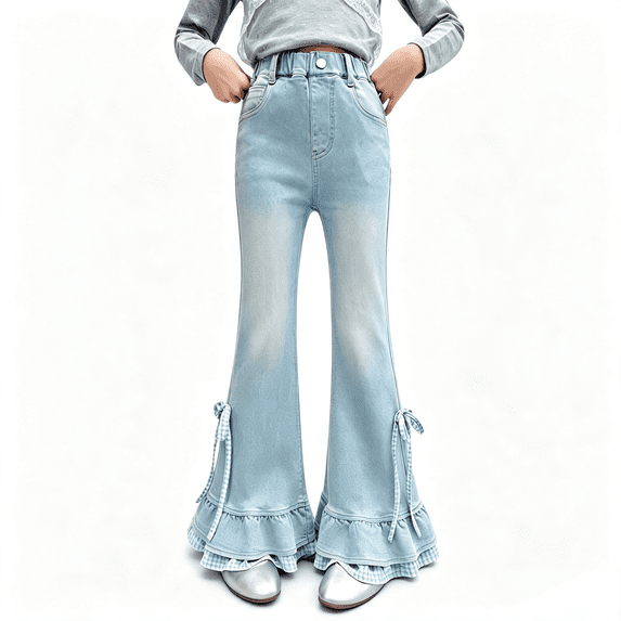 Ruyang Teen Girls Bell Bottom Ripped Jeans Retro High Waist Flare Denim Pants Kids Fall Fashion Straight Long Trousers Pockets