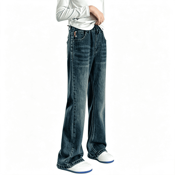 Ruyang Teen Girls Bell Bottom Ripped Jeans Retro High Waist Flare Denim Pants Kids Fall Fashion Straight Long Trousers Pockets