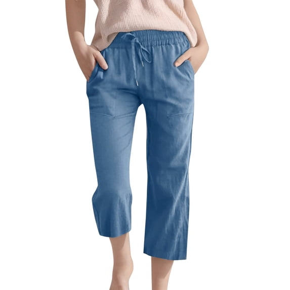 Ruyang Teen Girls Cotton Linen Capri Pants Kids Summer Preppy Casual Cropped Pants Cozy Lightweight Drawstring Baggy Trousers Cute