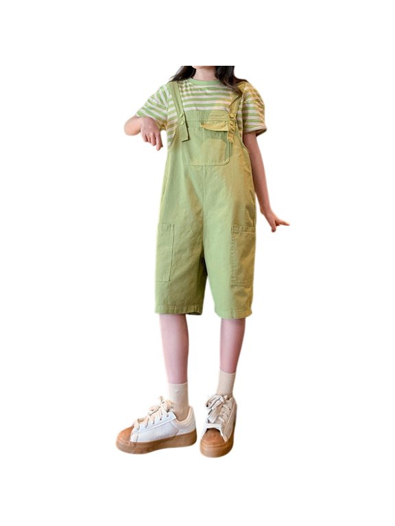 Teen Girls Cotton Overalls Shorts Wide Leg Adjustable Strap Shorts Summer Solid Baggy Trendy Breathable Shortalls