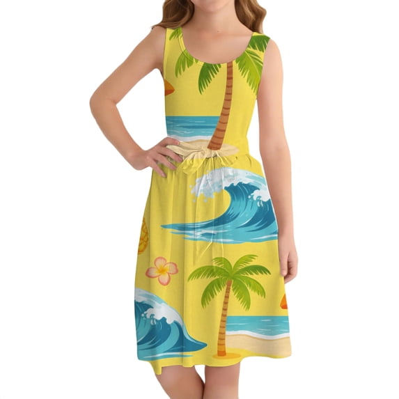 Ruyang Teen Girls Hawaiian Tank Dresses Cartoon Print Crewneck Loose Sleeveless Sundress Summer Casual Lightweight Beach Dresses