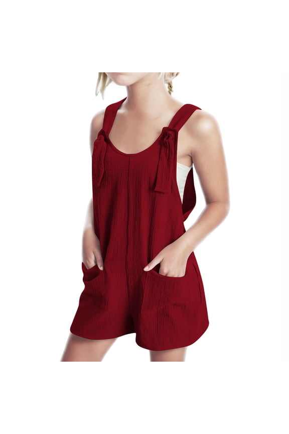 Teen Girls Linen Overalls Summer Casual Romper Sleeveless Adjustable Tie-Up Strap Short Jumpsuit Beach Overall With Pockets