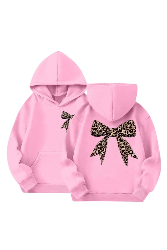Teen Girls Oversized Pullover Hoodies Leopard Bow Graphic Hooded Sweatshirts Spring Cute Trendy Sweater Pocket