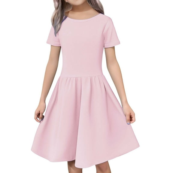Ruyang Teen Girls Summer Dress Short Sleeve Midi Dresses Kids Crew Neck Solid Ruffles A-Line Smocked Elegant Casual Dresses