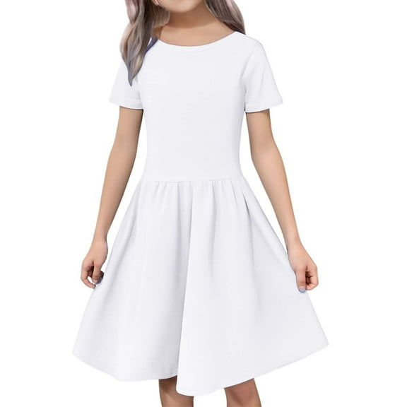 Ruyang Teen Girls Summer Dress Short Sleeve Midi Dresses Kids Crew Neck Solid Ruffles A-Line Smocked Elegant Casual Dresses