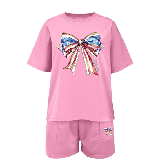 Ruyang Teenager American Outfits Boys Girls Summer 2 Piece Shirts Short Sets Sports Cotton Clothes Suits Cute Bow Print Shirt