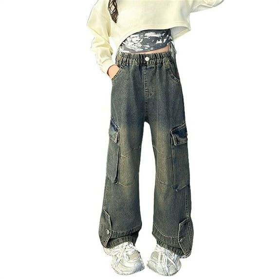 Ruyang Teens Girl Ripped Jeans Baggy Wide Leg Denim Pants Cool Washed High Waisted Straight Leg Pants with Pockets