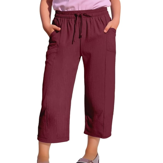Ruyang Teens Girls Cotton Linen Capri Pants Drawstring Kids Wide Leg Cropped Trousers Summer Elastic Waist Baggy Capris Gauze Pants