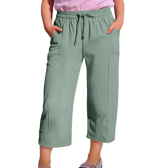 Ruyang Teens Girls Cotton Linen Capri Pants Drawstring Kids Wide Leg Cropped Trousers Summer Elastic Waist Baggy Capris Gauze Pants