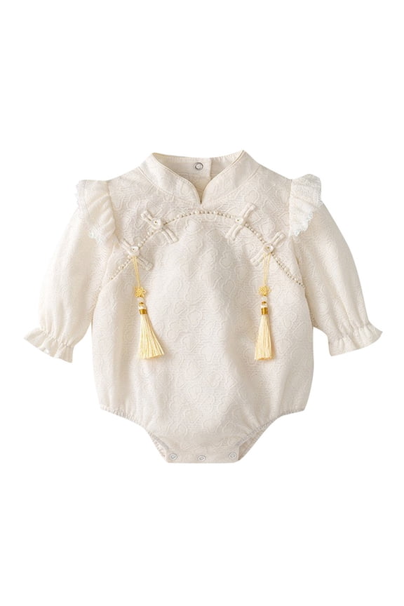 Toddler Baby Girl Ruffled Romper Basic Plain Long Sleeve Bodysuit Cotton Linen Clothes Casual Summer Jumpsuit