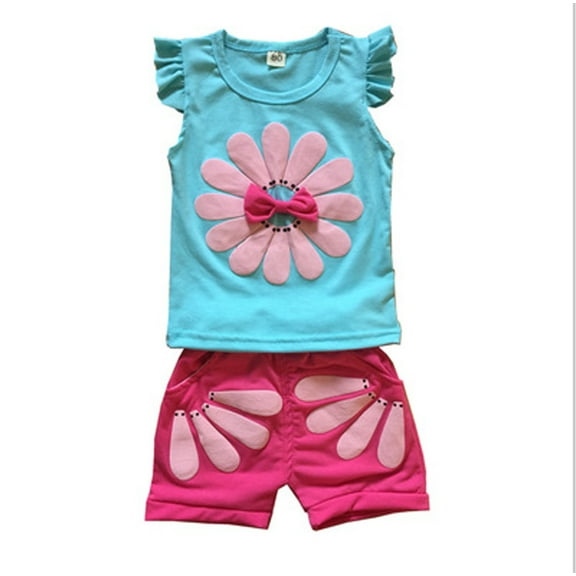 Ruyang Toddler Baby Girls 2 Piece Clothes Outfits Flower Short Sleeve T-Shirt Tops and Shorts Sets Summer Clothing Set