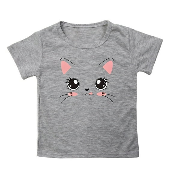 Ruyang Toddler Girls Short Sleeve T-Shirt Basic Crewneck Tees Kids Solid Cotton Tee Cute Cat Printed Shirt Casual Summer Tops