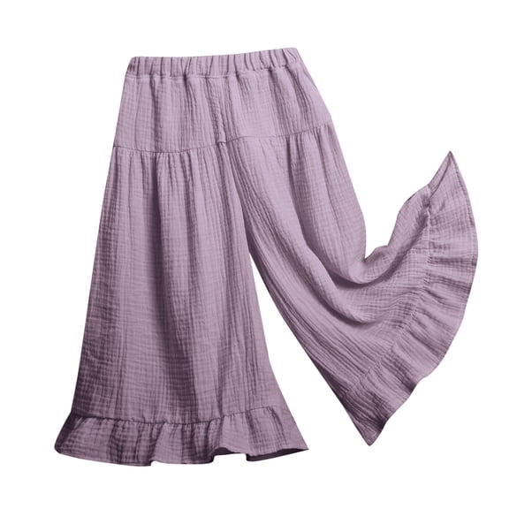 Ruyang Toddler Baby Girls Soft Cotton Linen Wide Leg Pants Ruffled Cropped Pants Flowy Casual Palazzo Pants Summer Fall