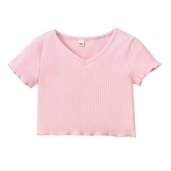 Ruyang Toddler Baby Girls Tees Ruffle Short Sleeve Tshirts Ribbed Knit T Shirt Solid Color Plain Shirts Cropped Top
