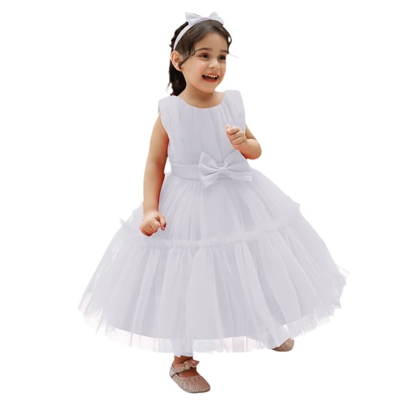 Ruyang Toddler Baby Tulle Dress Bow Flower Print Pleated Smocked Dresses Elegant Cute Ruffles Sleeve Summer Casual Dresses