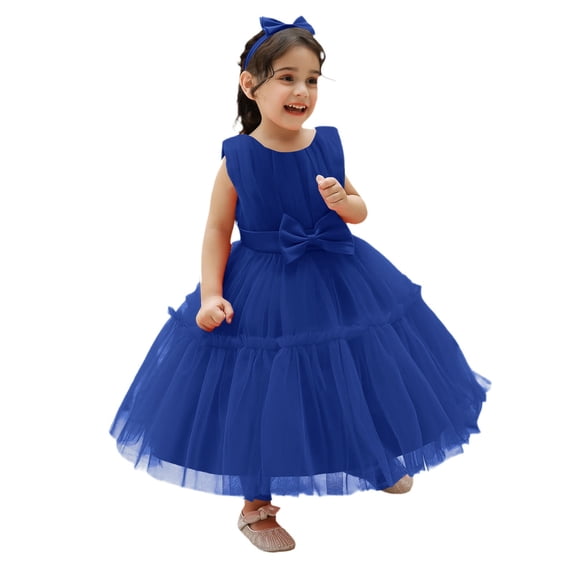 Ruyang Toddler Baby Tulle Dress Bow Flower Print Pleated Smocked Dresses Elegant Cute Ruffles Sleeve Summer Casual Dresses
