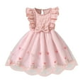 thumbnail image 1 of Ruyang Toddler Baby Tulle Dress Bow Flower Print Pleated Smocked Dresses Elegant Cute Ruffles Sleeve Summer Casual Dresses, 1 of 6