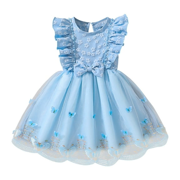 Ruyang Toddler Baby Tulle Dress Bow Flower Print Pleated Smocked Dresses Elegant Cute Ruffles Sleeve Summer Casual Dresses