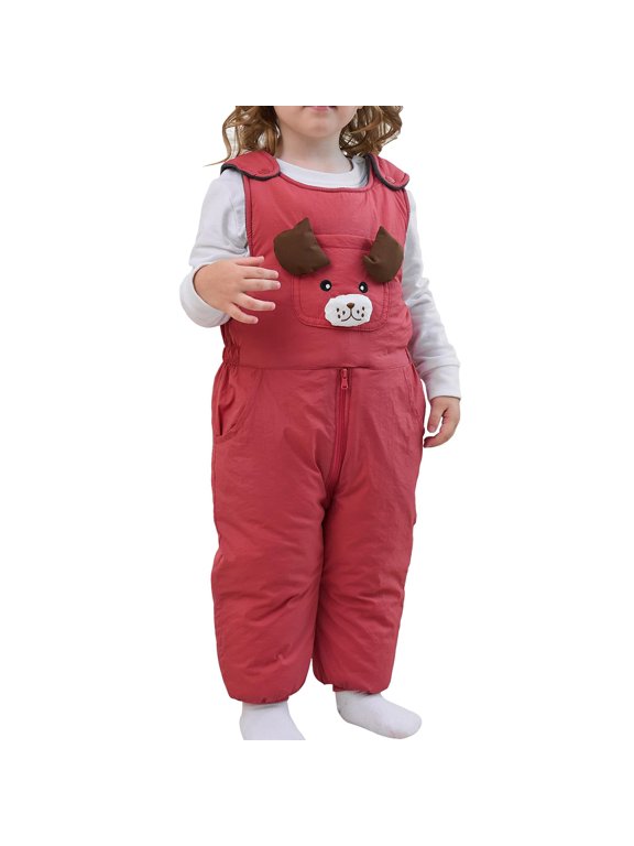 Toddler Boy Girl Winter Overalls Black Bear Face Bib Pants Windproof Warm Suspender Trousers Zipper Front Thickened Outdoor Playwear