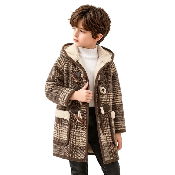 Ruyang Toddler Boys Plaid Hooded Coat Button Long Sleeve Jacket Sherpa Lined Warm Mid Length Overcoat Kids Winter Outerwear