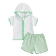 thumbnail image 1 of Ruyang Toddler Boys Swim Cover Up Terry Towel Zipper Hooded Tops Linen Shorts 2pcs Set Girls Beach Bathing Suit Coverups, 1 of 9