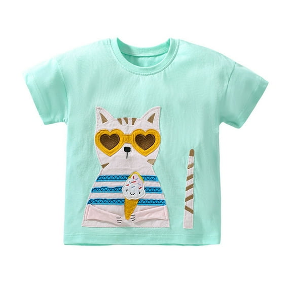 Ruyang Toddler Cartoon Cat Print T Shirt Short Sleeve Crew Neck Cotton Soft Summer Clothes Tops Fit Funny Animal Outfit Trendy