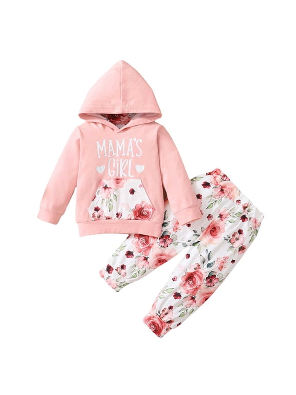 Toddler Girl Hoodie Long Sleeve Monogram Print Top Floral Pant Suit For 0 To 4 Years Winter Outfits Teens