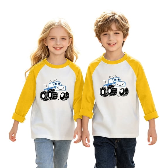Ruyang Toddler Girls Boys Long Sleeve Shirts Cartoon Car Printed Kids Raglan Tees Crewneck Pullover Spring Fall Casual Outfits