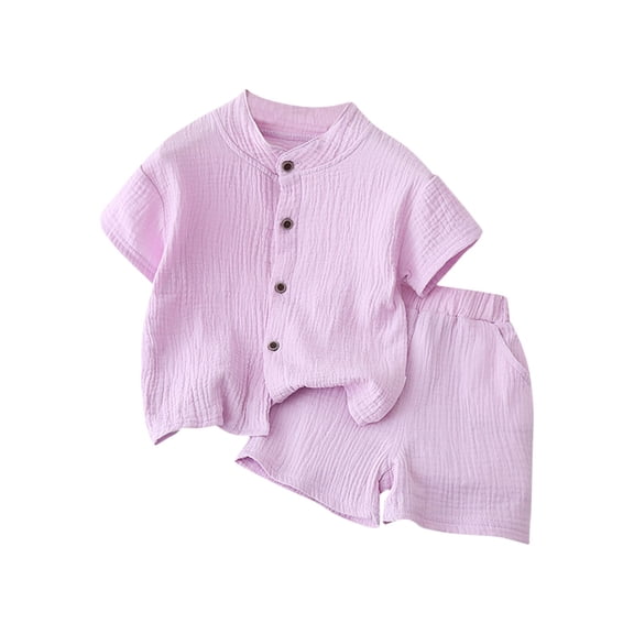 Ruyang Toddler Girls Cotton Linen 2 Piece Set Short Sleeve Button Down Shirts & Elastic Waist Shorts Thin Loose Casual Outfits