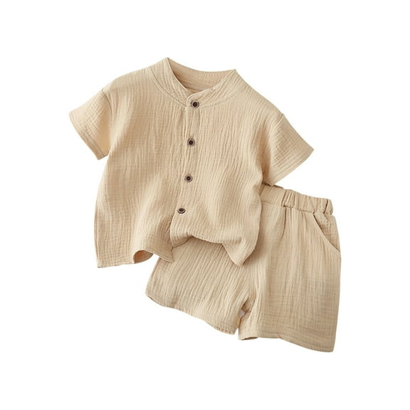 Ruyang Toddler Girls Cotton Linen 2 Piece Set Short Sleeve Button Down Shirts & Elastic Waist Shorts Thin Loose Casual Outfits