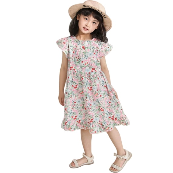 Ruyang Toddler Girls Hawaiian Sundress Print Ruffle Fly Sleeve Crewneck Dresses Summer A-line Swing Beach Vacation Dresses